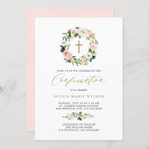 Watercolor Peach Floral Wreath Confirmation Invitation