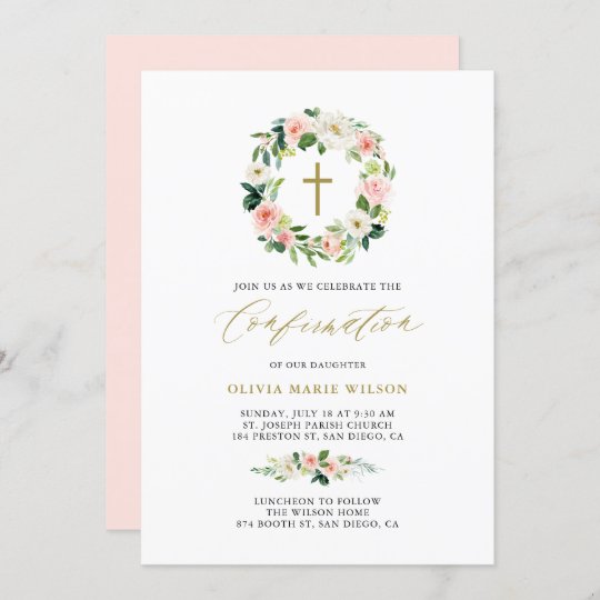 Watercolor Peach Floral Wreath Confirmation Invitation | Zazzle.com