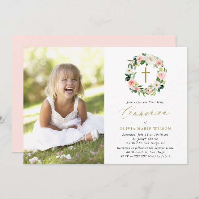 Watercolor Peach Floral Wreath Photo Communion Invitation (Front/Back)