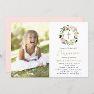 Watercolor Peach Floral Wreath Photo Communion Invitation