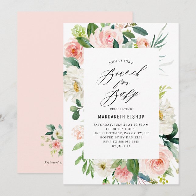Watercolor Peach Florals Baby Shower Brunch Invitation (Front/Back)