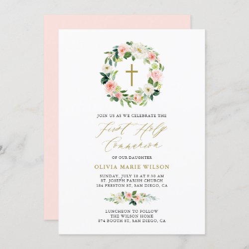 Watercolor Peach Florals First Holy Communion Invitation