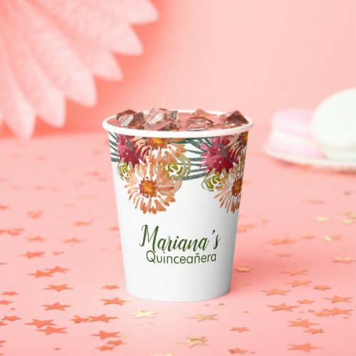 Watercolor Peach Florals Greenery Sweet 16 Quince  Paper Cups