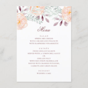 Watercolor peach flower. Botanical wedding. Floral Menu