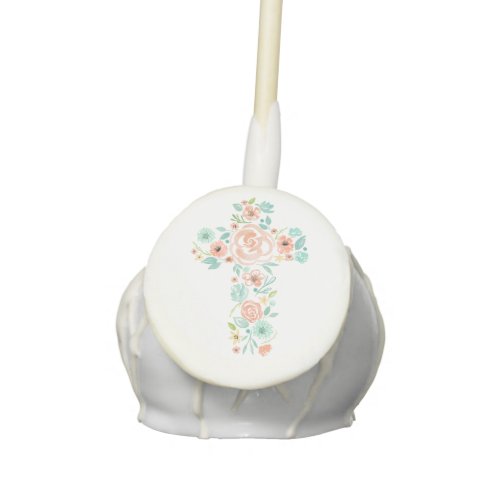 Watercolor Peach Flower Cross Baptism Cake Pops