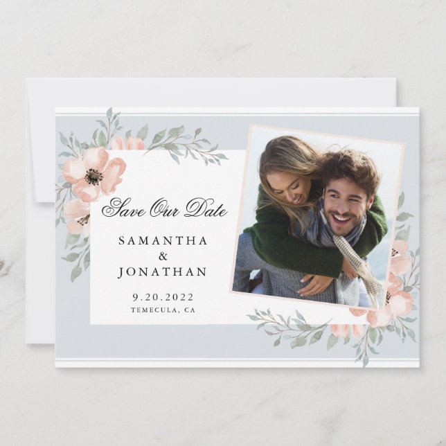 Watercolor Peach Flowers Dusty Blue Photo Save The Date (Front)