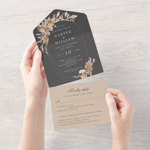 Watercolor peach flowers envelope trifold wedding  all in one invitation