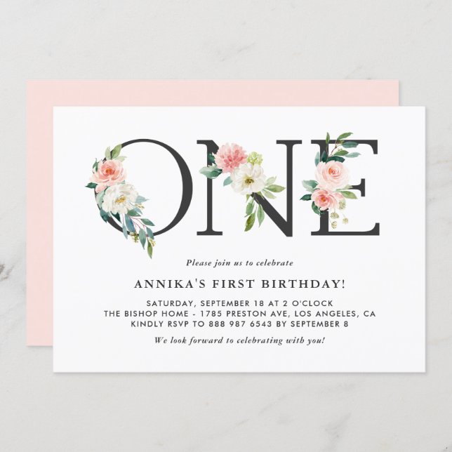 Watercolor Peach Flowers Floral First Birthday Invitation (Front/Back)