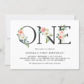 Watercolor Peach Flowers Floral First Birthday Invitation (Front)