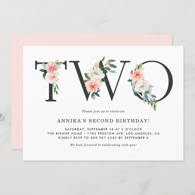 Watercolor Peach Flowers Floral Second Birthday Invitation (Front/Back)
