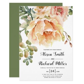 Watercolor peach flowers script typography wedding invitation