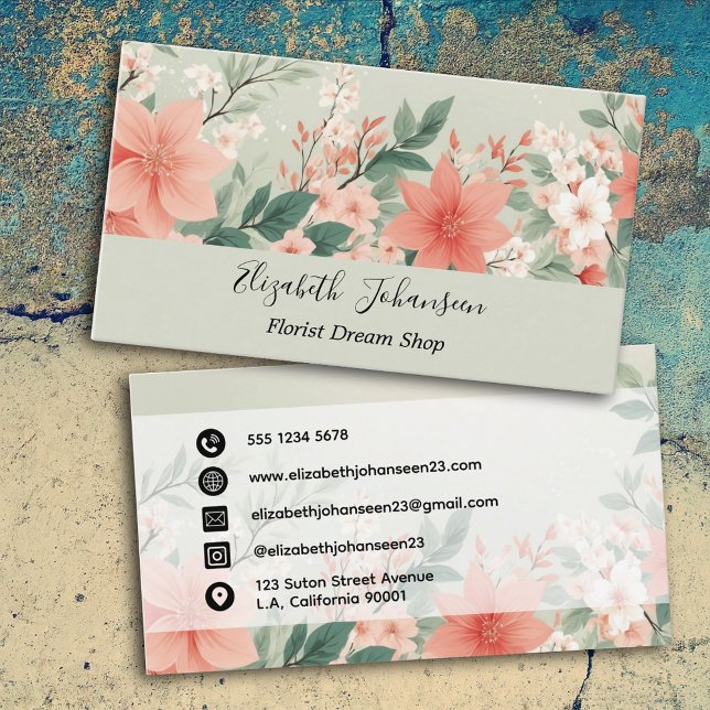 Watercolor Peach Fuzz Greenery Flowers Script Name Business Card (Creator Uploaded)