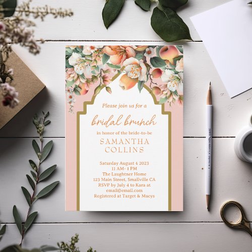 Watercolor Peach Gold Floral Bridal Brunch Invitation