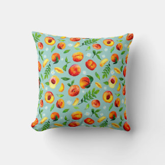 Watercolor Peach Green Leaves Blue background Throw Pillow