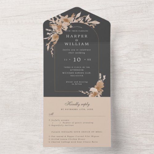 watercolor peach grey arch rsvp attached wedding all in one invitation