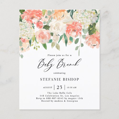 Watercolor Peach & Ivory Floral Baby Shower Brunch - Invite guests to your event with this customizable floral baby shower brunch invitation. It features watercolor floral garland of peach, orange and ivory roses, hydrangeas and peonies with eucalyptus leaves accents. Personalize this watercolor baby brunch invitation by adding your own details. This peaches and cream floral invitation is perfect for spring baby showers and gender neutral baby showers. 