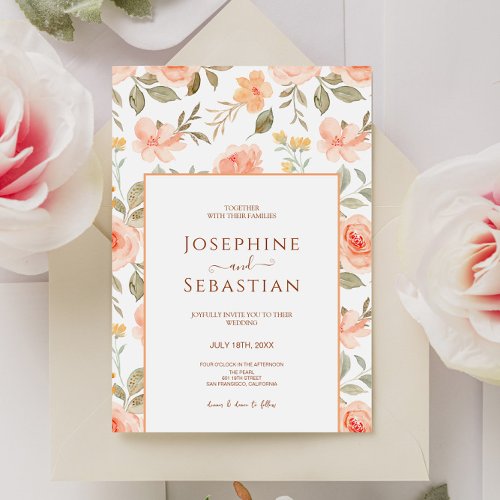 Watercolor Peach Mint Floral Garden Wedding      Invitation