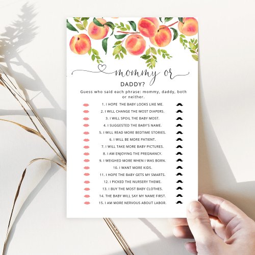 Watercolor peach Mommy or daddy baby shower game