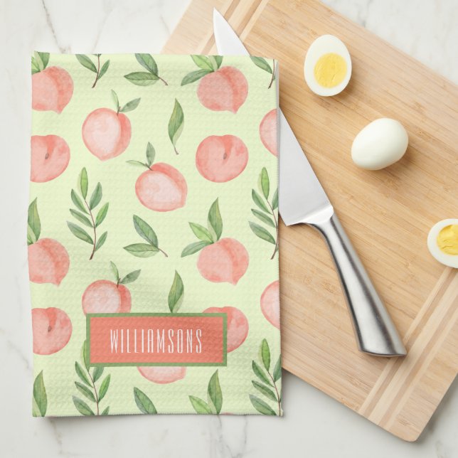 Watercolor Peach Pattern Personalized Green Kitchen Towel (Quarter Fold)