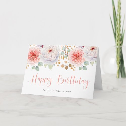 Watercolor Peach Peonies and Gold Leaves Birthday Card