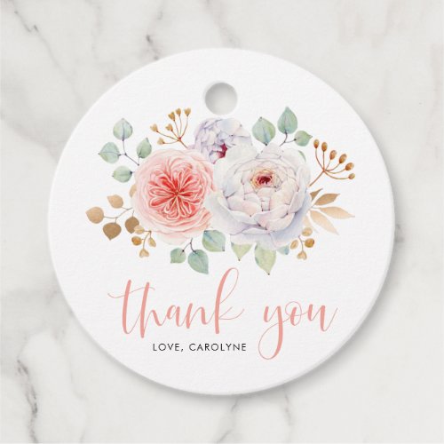 Watercolor Peach Peonies and Gold Leaves Thank You Favor Tags