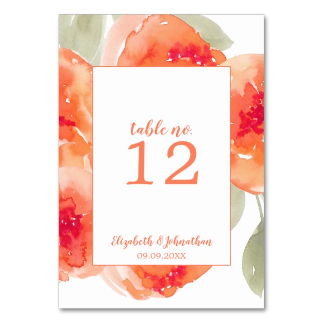 Watercolor Peach Peonies Floral Wedding Reception Table Number (Front)