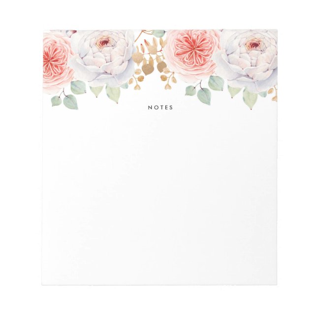 Watercolor Peach Peonies Gold Leaves Notepad (Front)