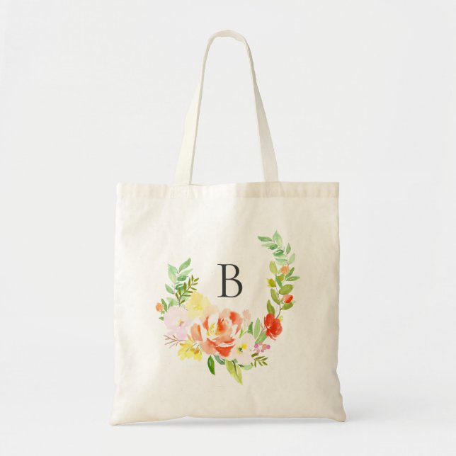 Watercolor Peach Peonies Wreath Monogram Tote Bag (Front)