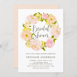 Watercolor Peach Peony Wreath Bridal Shower Invitation