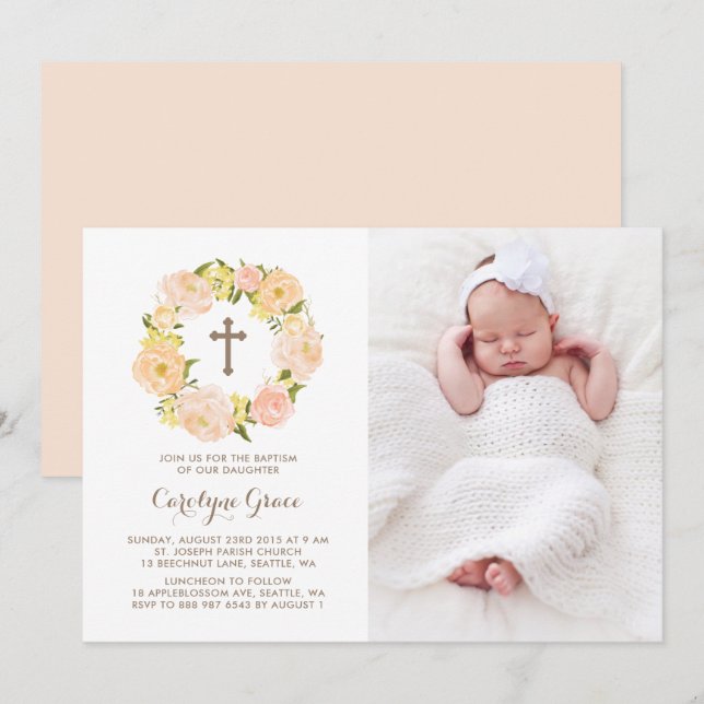 Watercolor Peach Peony Wreath Photo Baptism Invitation (Front/Back)