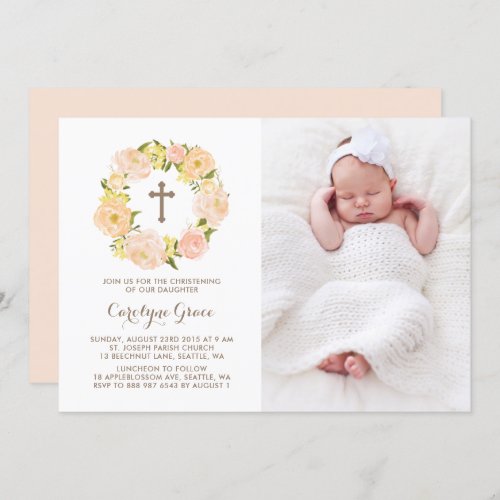 Watercolor Peach Peony Wreath Photo Christening Invitation