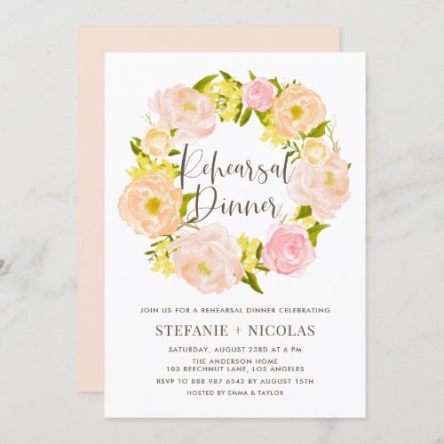 Watercolor Peach Peony Wreath Rehearsal Dinner Invitation