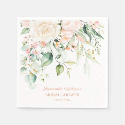 Watercolor Peach Pink Blush Flower Bridal Shower Napkins