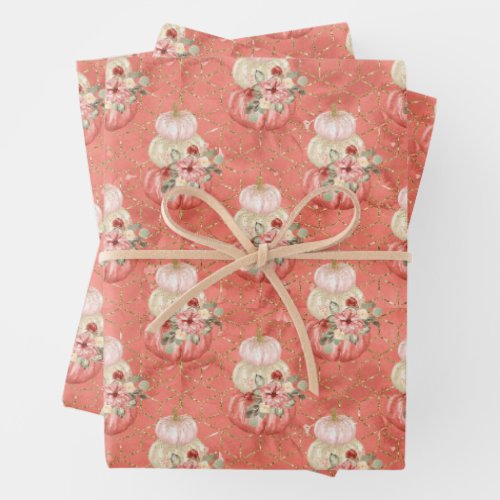 Watercolor Peach Pink Cream Pumpkins Theme Party Wrapping Paper Sheets
