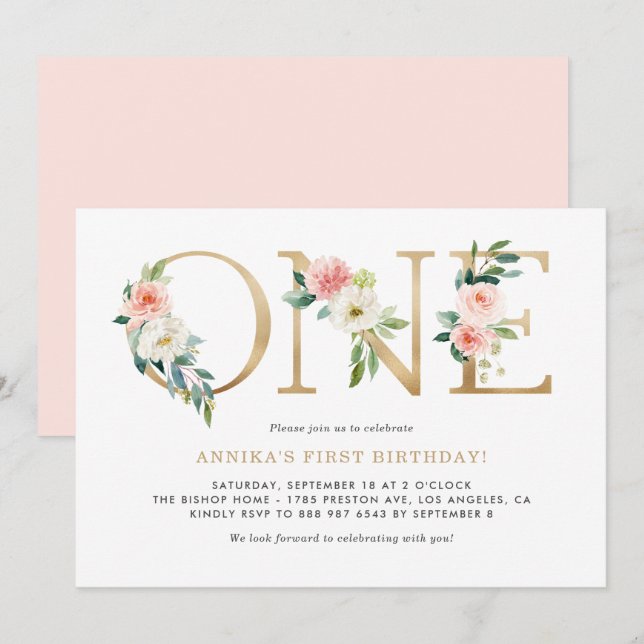 Watercolor Peach Pink Flowers Gold First Birthday Invitation (Front/Back)