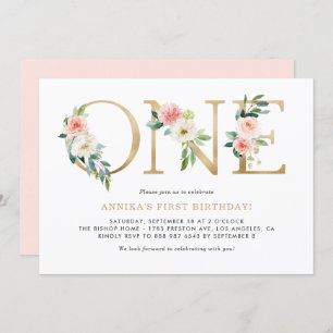 Watercolor Peach Pink Flowers Gold First Birthday Invitation