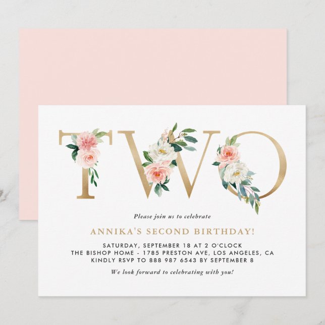 Watercolor Peach Pink Flowers Gold Second Birthday Invitation (Front/Back)