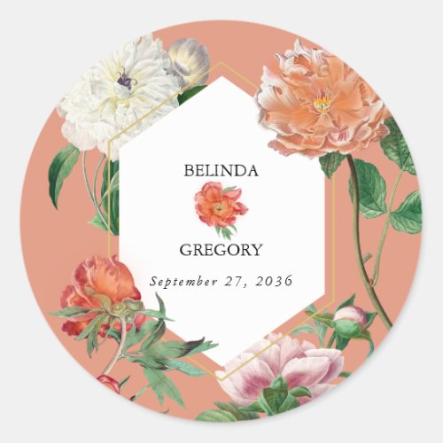 Watercolor Peach Pink Peonies Flowers Wedding Classic Round Sticker