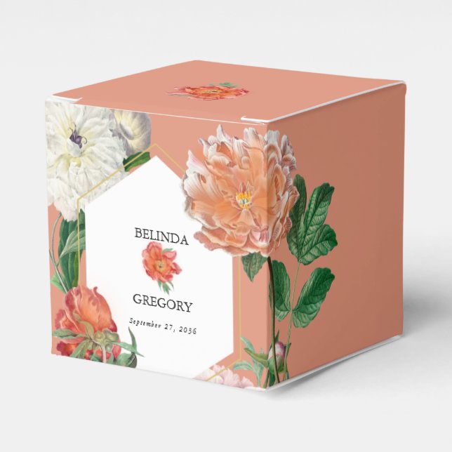 Watercolor Peach Pink Peonies Flowers Wedding Favor Boxes (Front Side)