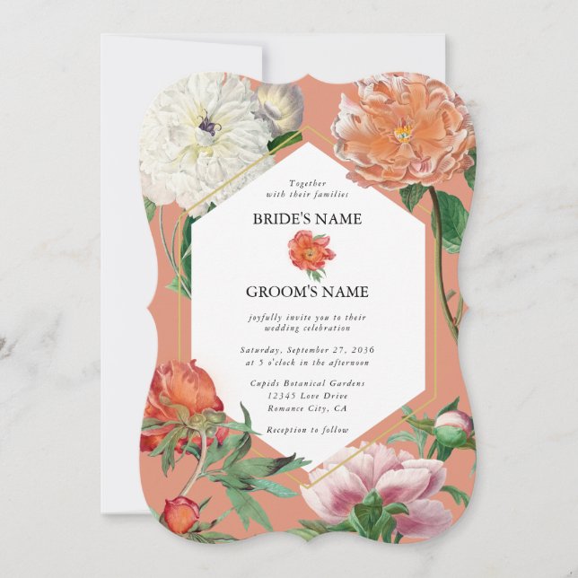 Watercolor Peach Pink Peonies Flowers Wedding Invitation (Front)