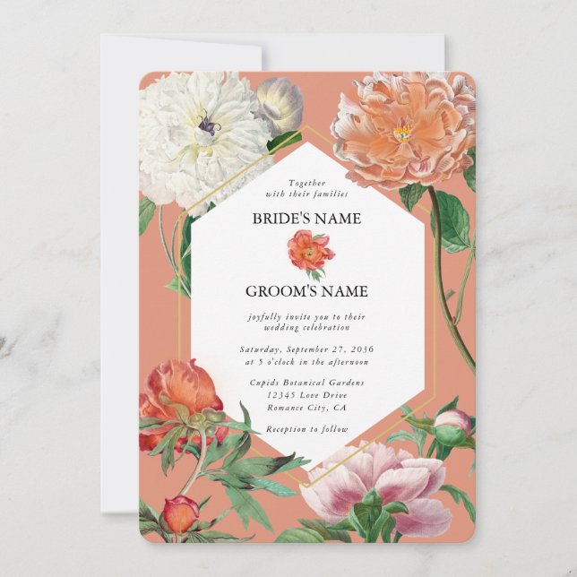 Watercolor Peach Pink Peonies Flowers Wedding Invitation (Front)
