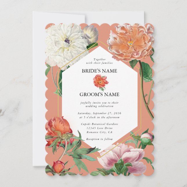 Watercolor Peach Pink Peonies Flowers Wedding Invitation (Front)