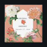 Watercolor Peach Pink Peonies Flowers Wedding Magnet<br><div class="desc">A beautiful watercolor peach and pink peonies flower wedding design with gold geometric frame on a peach background. A unique design that uses vintage botanical peony florals in peach and pink color tones. An elegant peach and pink peonies floral design with a dash of greenery. A chic gold geometric frame...</div>