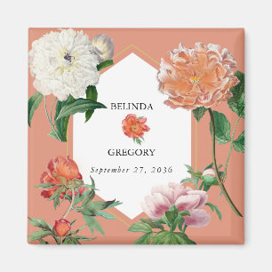 Watercolor Peach Pink Peonies Flowers Wedding Magnet