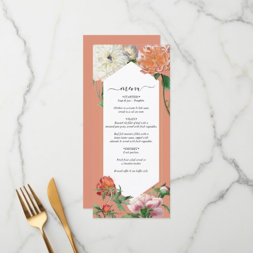 Watercolor Peach Pink Peonies Flowers Wedding Menu