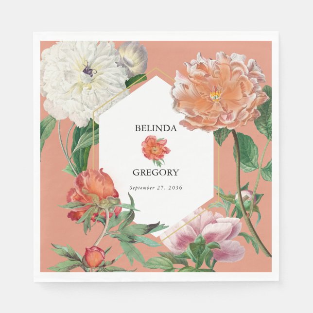 Watercolor Peach Pink Peonies Flowers Wedding Napkins (Front)