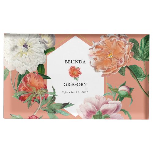 Watercolor Peach Pink Peonies Flowers Wedding Place Card Holder