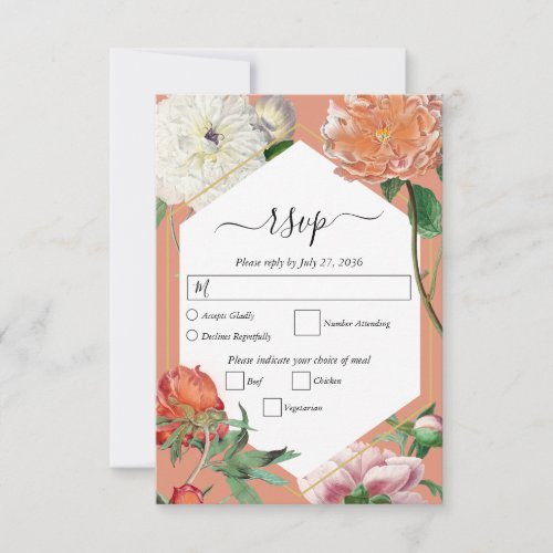 Watercolor Peach Pink Peonies Flowers Wedding RSVP Card