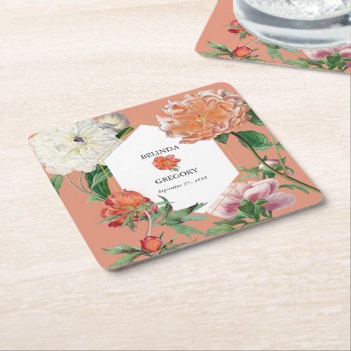 Watercolor Peach Pink Peonies Flowers Wedding Square Paper Coaster