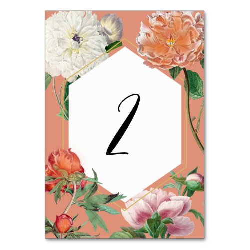 Watercolor Peach Pink Peonies Flowers Wedding Table Number